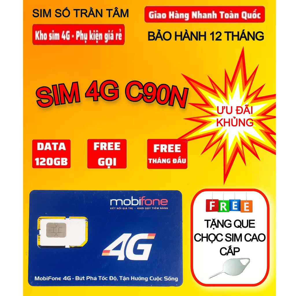 Sim 4G Mobifone gói C90N (FREE gọi nội ngoại + 120GB cho 1 tháng đầu) - TẶNG KÈM QUE LẤY SIM CAO CẤP