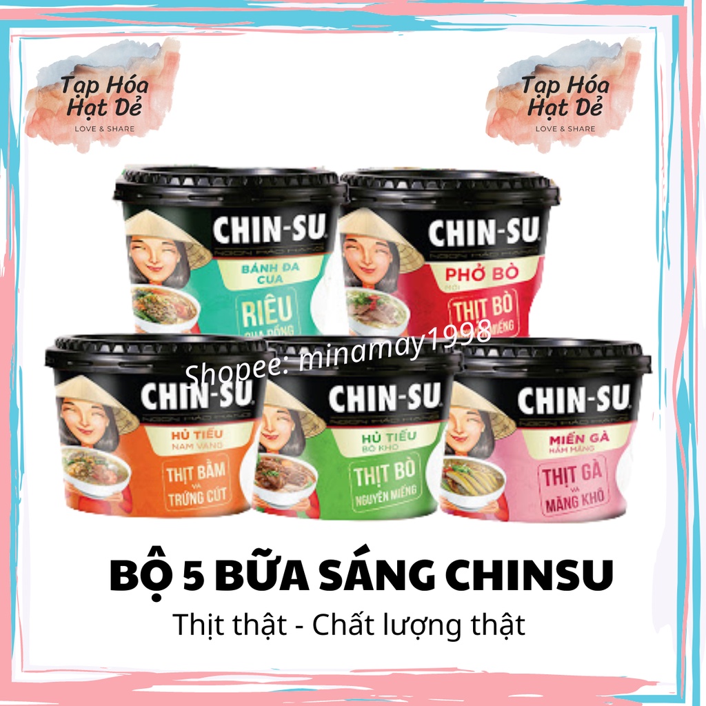 Bộ 5 món bữa sáng Chinsu (phở, hủ tiếu, bánh đa cua, miến gà, bò kho) loại tô 129g/148g