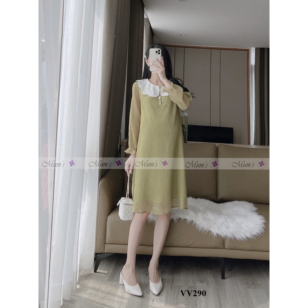 ĐẦM BẦU CÔNG SỞ MUM'S SHOP  FREESHIP  Váy bầu xinh -Dập xanh bơ cổ ren