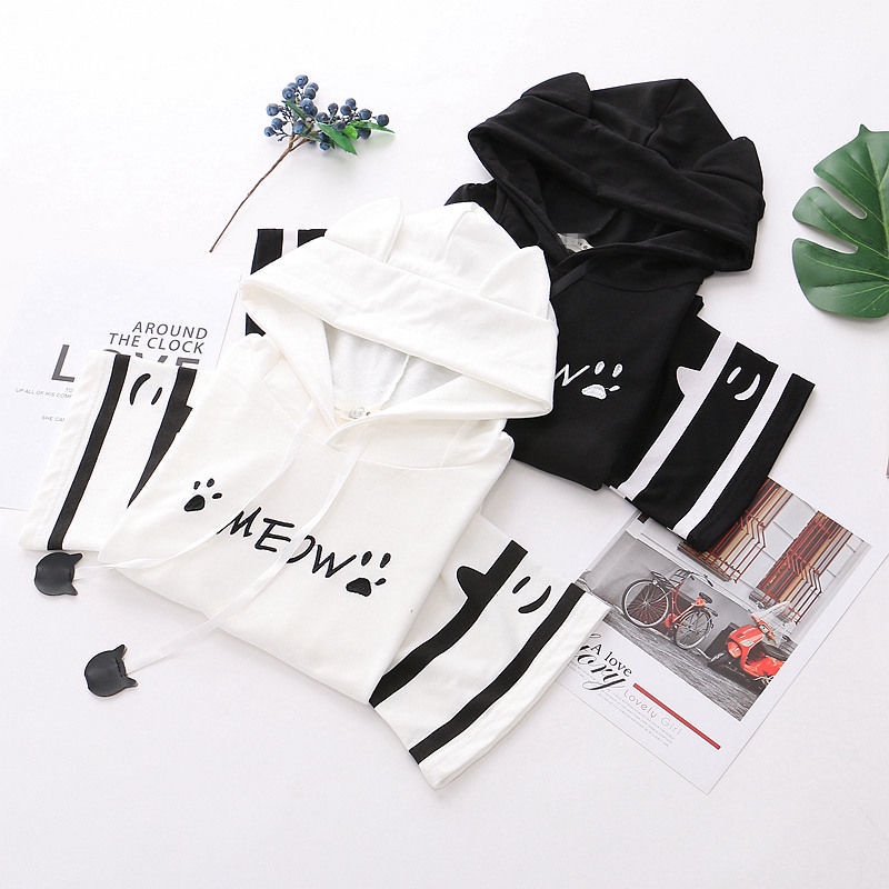 Áo hoodie ngắn tay thêu họa tiết chân mèo xinh xắn theo phong cách Nhật Bản