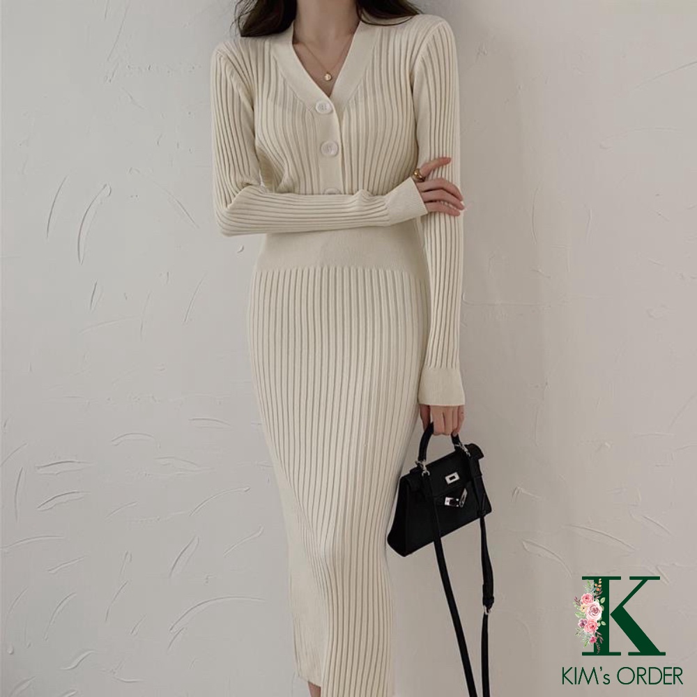 Đầm len nữ Body dáng dài cổ chữ V cài cúc màu đen màu be trắng váy len dự tiệc dài tay ôm sát sành điệu cá tính