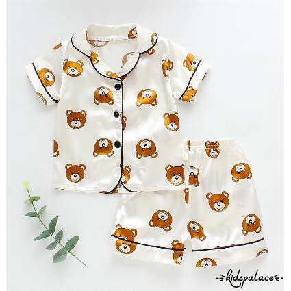 ➤♕❀❤Children Cartoon Bear Two-piece Pajamas Girls Short Sleeve Lapel Top with Button Elastic Waistband Shorts Set