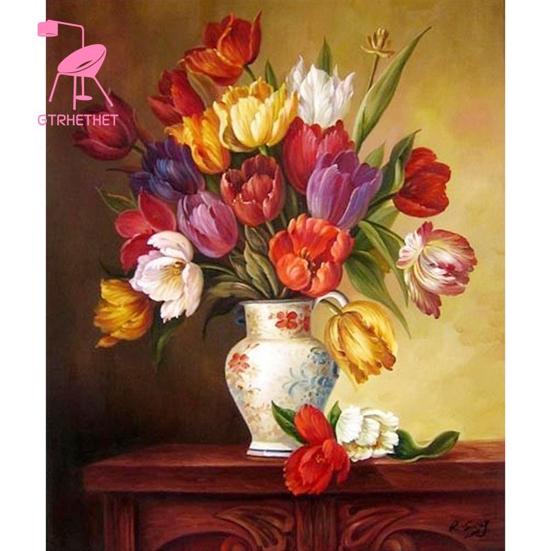 Bộ Tranh Đính Đá Tự Làm Toàn Diện 17.3 Inch 21.3 Inch Hình Lọ Hoa Tulip Không Kèm Khung