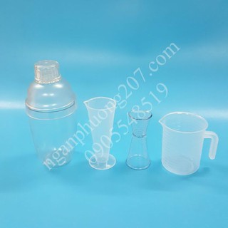 4 dụng cụ đong định lượng pha chế giá rẻ (1 Ly 100ml, 1 Ca 300ml, 1 Jigger 2 đầu, 1 Shaker 530ml)