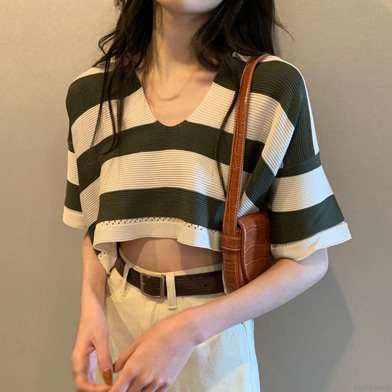 Áo Len Ngắn Tay Cổ Chữ V Dáng Rộng Hoa Văn Kẻ Sọc Nhiều Màu Thời Trang | BigBuy360 - bigbuy360.vn