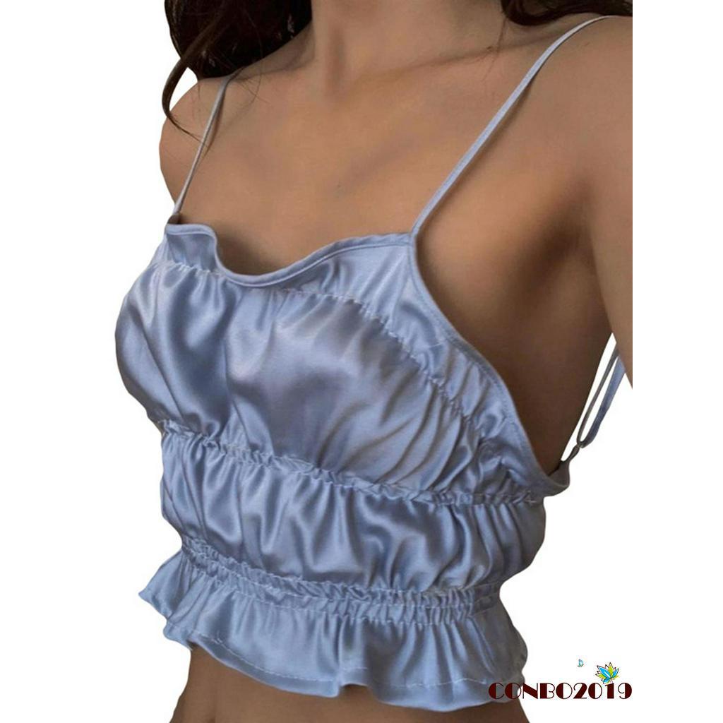 Áo Lửng Hai Dây Xếp Nếp Màu Trơn Gợi Cảm Cho Nữ