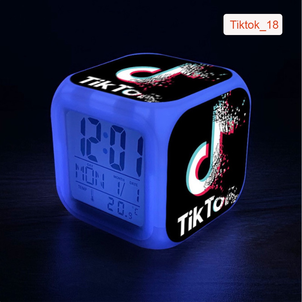 [Cute] Đồng Hồ Báo Thức Để Bàn in Hình Biểu Tượng Tiktok 2021 LED Đổi Màu. Hiển Thị Ngày Tháng, Nhiệt Độ. Tặng 4 Pin AAA