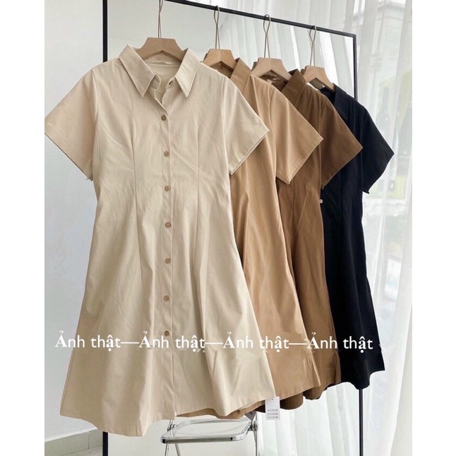 [Ảnh thật/sẵn] Váy sơmi chiết eo kết hợp chun lưng co giãn phong cách Hàn Quốc/ cúc gỗ