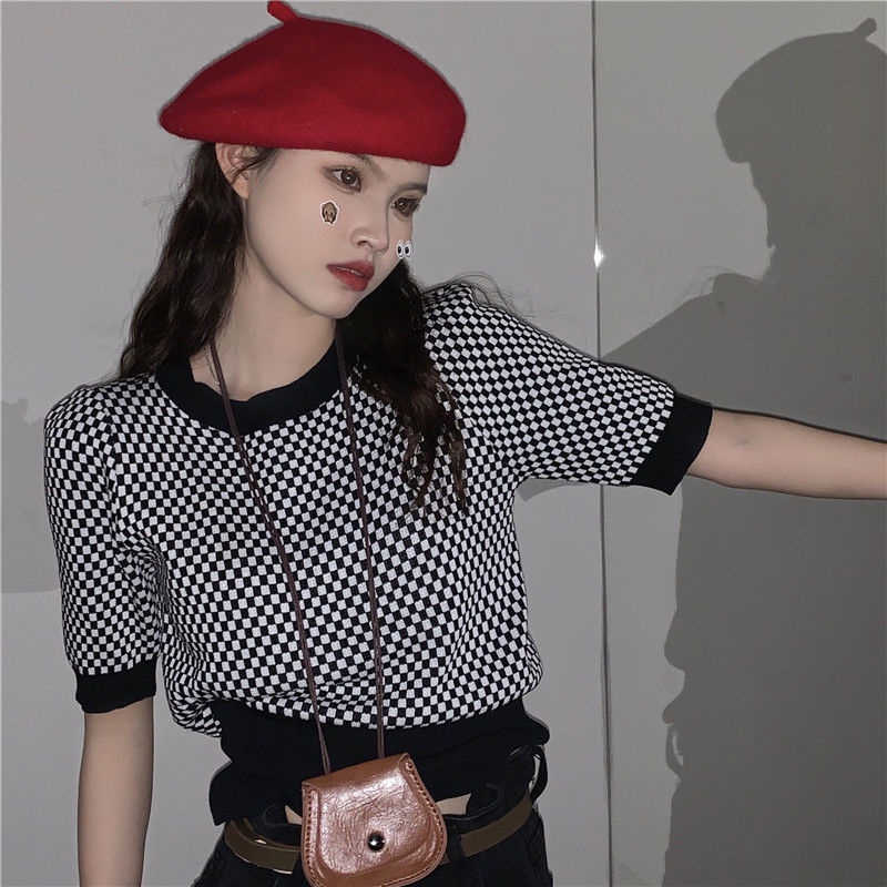 Áo Sweater Tay Ngắn Họa Tiết Sọc Caro Màu Tương Phản Thời Trang Mùa Hè Phong Cách Retro