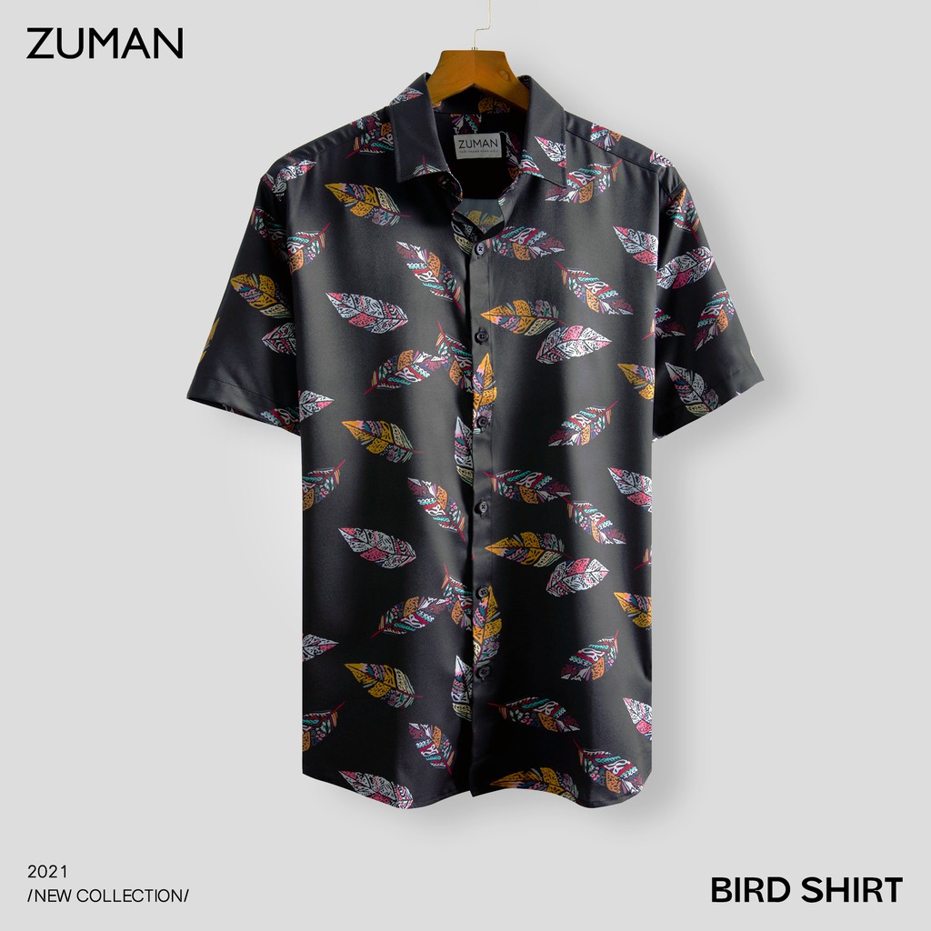 Áo sơ mi nam họa tiết tay ngắn Bird Feather Shirt lông vũ ASM103  ZUMAN lụa vân chéo, thoáng mát, không nhăn