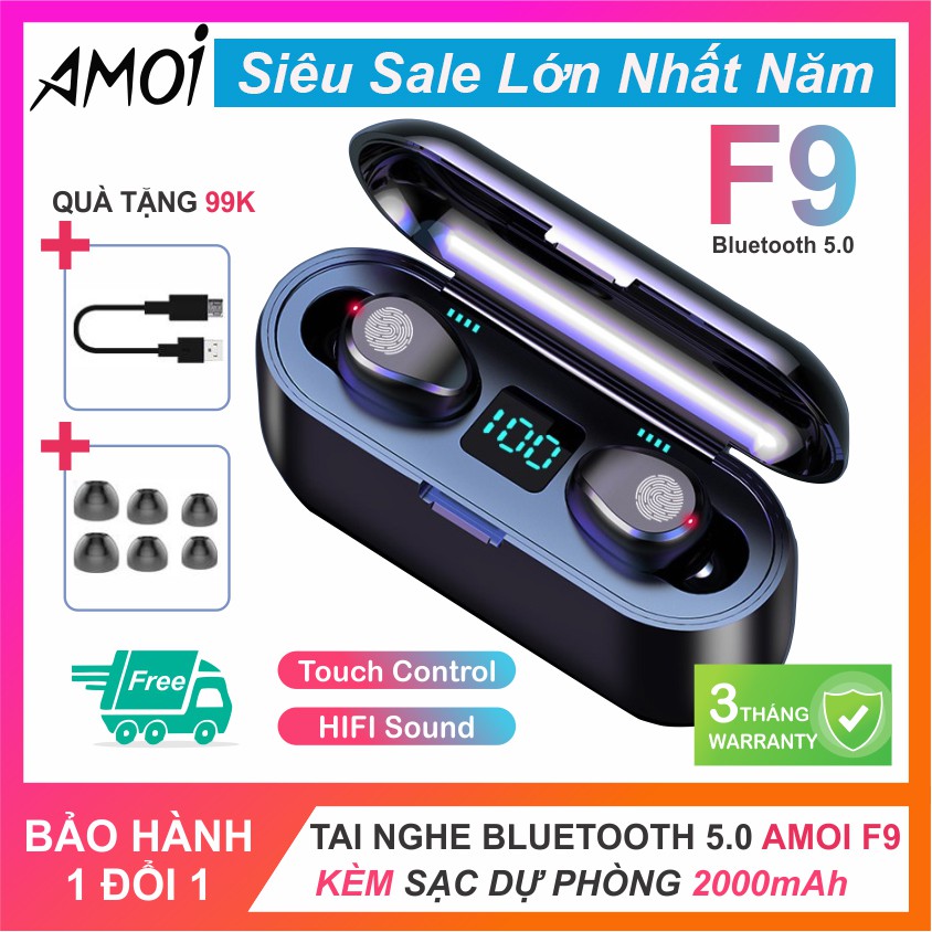 Tai nghe Bluetooth 5.0 Amoi F9 Pro Cảm Ứng Bản Quốc Tế 2020 | pin cực trâu,chất âm cực hay,nghe nhạc cực thích