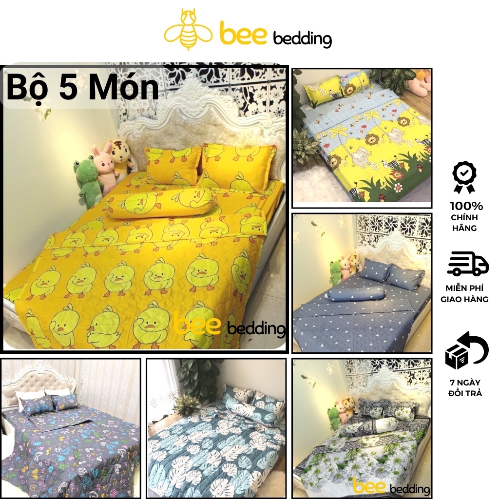 Bộ chăn ga gối 5 món mùa hè cotton poly Bee Bedding  - Ga drap 1m6, 1m8 x2m, ra nệm giường đệm mền chần