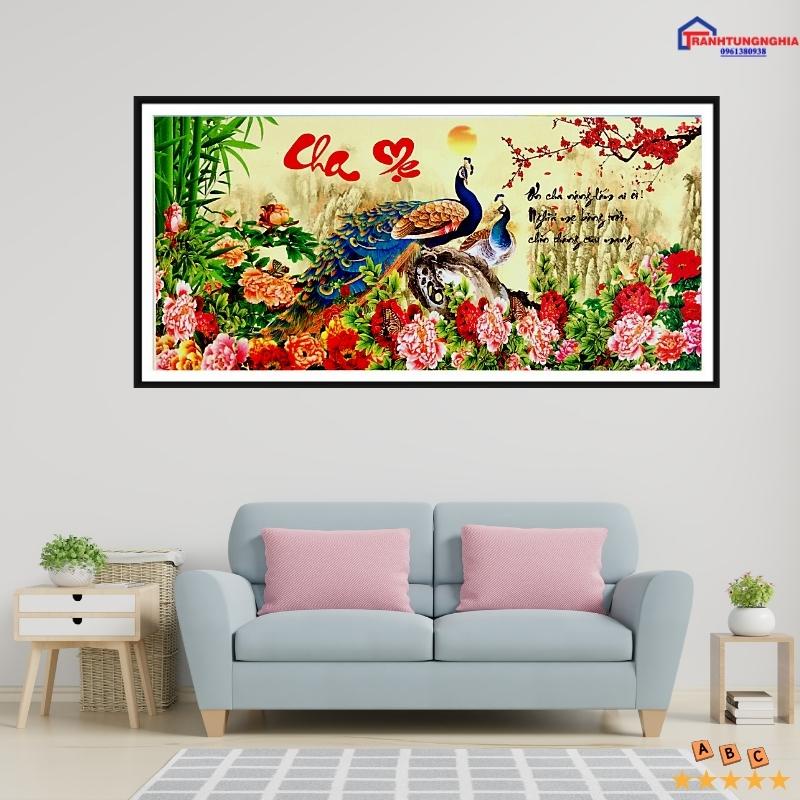 Tranh đính đá, tranh thêu chữ thập cha mẹ 1m20 x 60cm