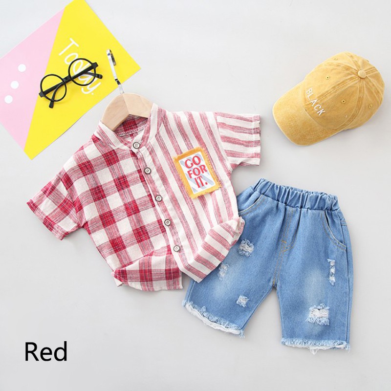 Set áo sơ mi tay ngắn và quần jean lưng thun phối rách cá tính thời trang cho bé trai