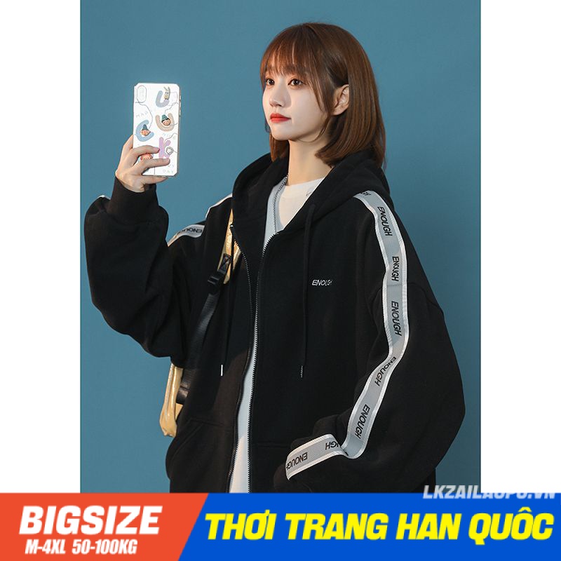 Áo nỉ hoodie khoác Bigsize Áo cardigan nữ dáng suông tay dài thiết kế khoá kéo đen mùa thu Phong cách Hàn Quốc Thời Trang cá tính xinh đẹp cho người mập béo nữ