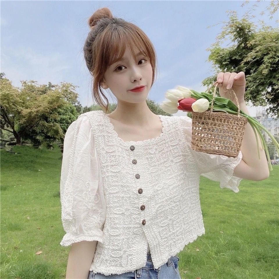 AMOI Áo Sơ Mi Tay Ngắn Cổ Vuông Thêu Họa Tiết Phong Cách Pháp Thời Trang Cho Nữ