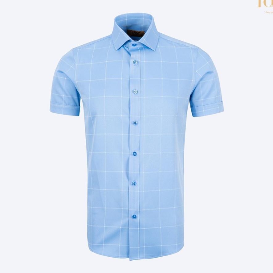Áo sơ mi nam ngắn tay TQQ xanh dương kẻ ô to vạt bằng K302CB