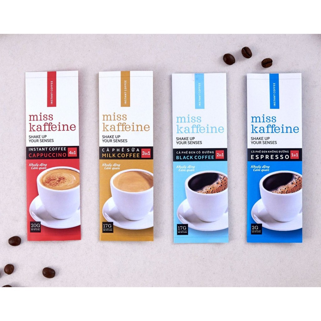 Hộp cà phê Cappuccino cao cấp Miss Kaffeine 4in – (có đường) 15 gói x 20g – The Kaffeine Coffee