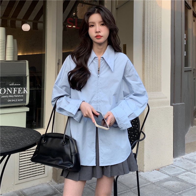 ZHELIHANGFEI Áo sơ mi tay dài dáng rộng phong cách Hàn Quốc thời trang dành cho nữ