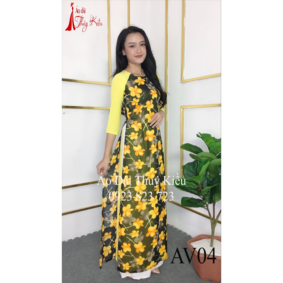 Áo dài Thúy Kiều in 3D lụa chi phông 4 lớp hoa vàng AV04