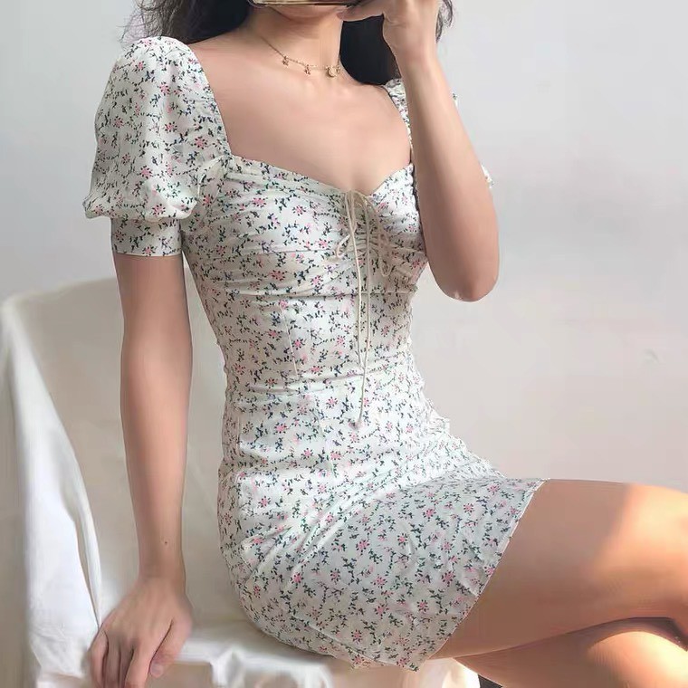 Đầm Nữ, Đầm Hoa Nhí Vintage Cổ Vuông