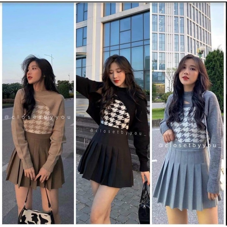 Set áo len nữ dài tay caro Simbabo , Set Len 2 mảnh hàng Quảng Châu tay dài