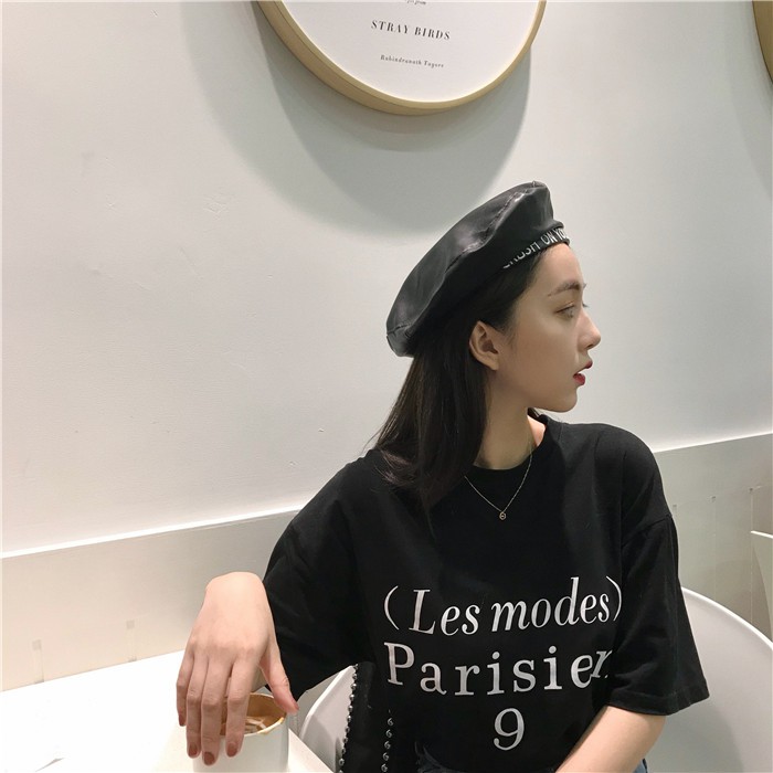 Mũ Beret Da PU In Chữ Phong Cách Retro Nhật Bản Cho Nữ