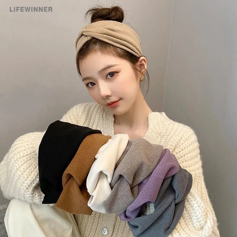 Băng đô dệt kim bản rộng co giãn màu trơn thời trang mùa đông Hàn Quốc