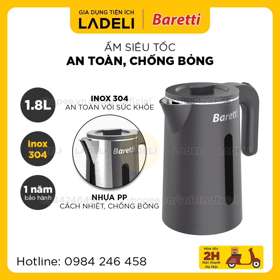 Ấm siêu tốc inox 1.8L Baretti BRD182 bọc nhựa PP chống bỏng | LADELI - Bảo hành tại SUNHOUSE