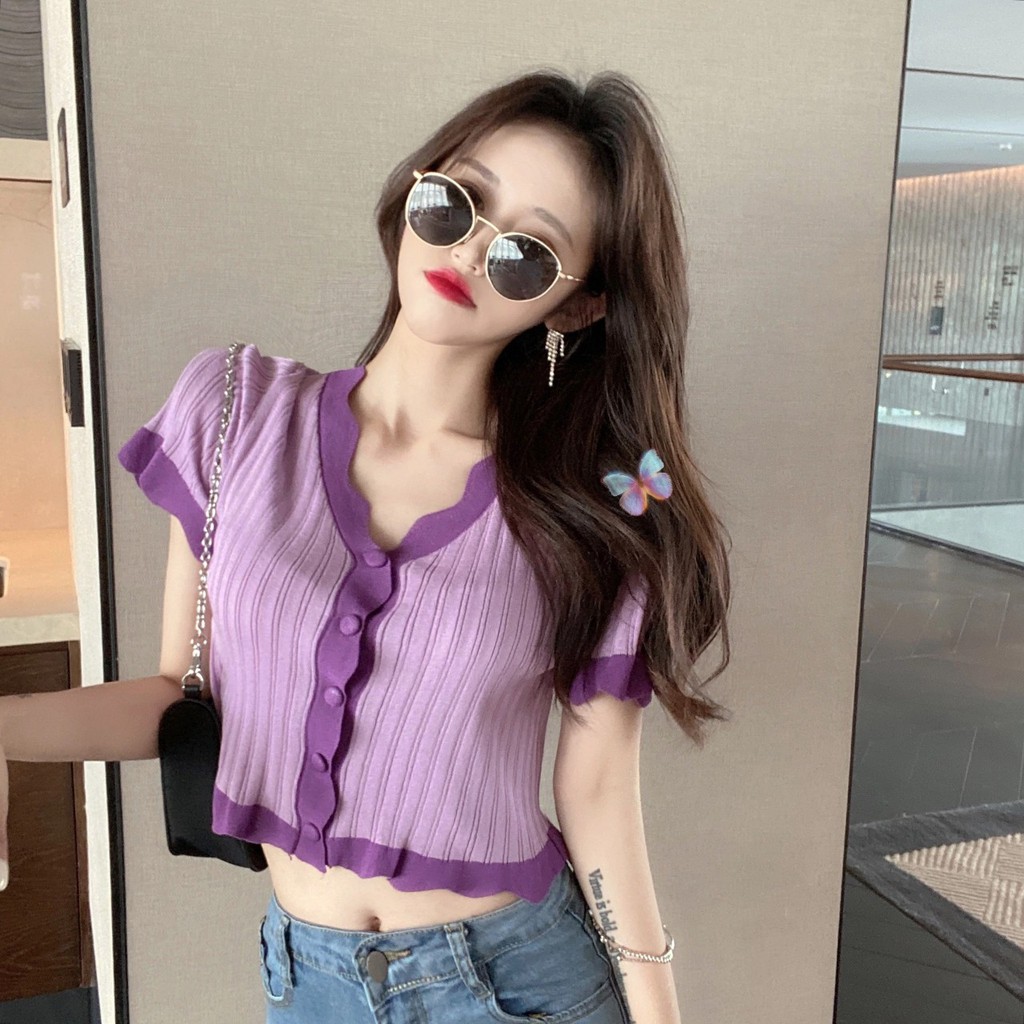 CHIKITO | Áo Len Cardigan Ngắn Tay Cổ V - Áo Croptop Quảng Châu 2 Màu Tím - Vàng Kiểu Dáng Ulzzang