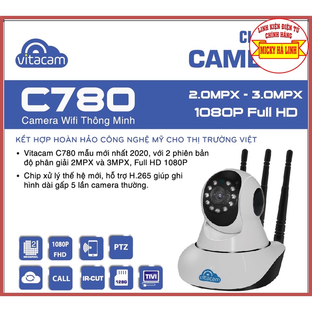 Camera wifi 2.0 và 3.0mpx C780, Xoay 360, Đàm thoại 2 chiều, Full 1080P, [Chính Hãng Vitacam]