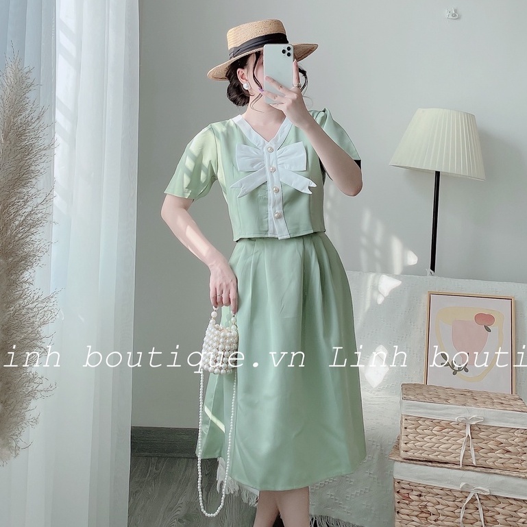 Sét chân váy xếp ly, áo cổ tim đính nơ tay lỡ thiết kế cao cấp thời trang công sở, dự tiệc sang trọng V101