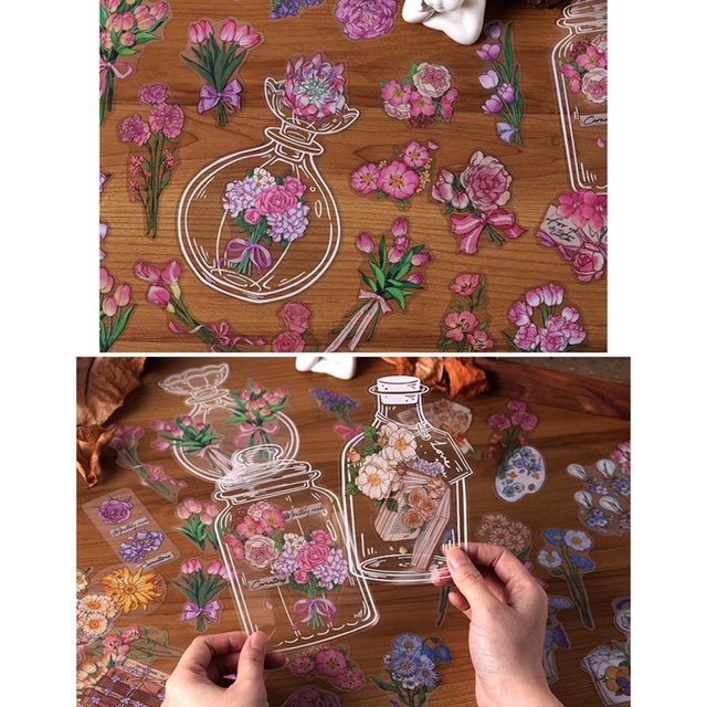 Nhãn dán sticker hoa đầy bình nghệ thuật