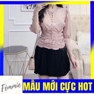 [SALE SỐC] ÁO HOTGIRL GIÁ RẺ_Áo tiểu thư tay lỡ bo nhún thun eo nút bọc trắng tím - Thời trang hotgirl thiết kế cao cấp