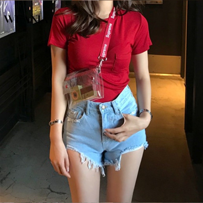 Quần Short Denim Lưng Cao Thiết Kế Lệch Tà Thời Trang Quyến Rũ Cho Nữ