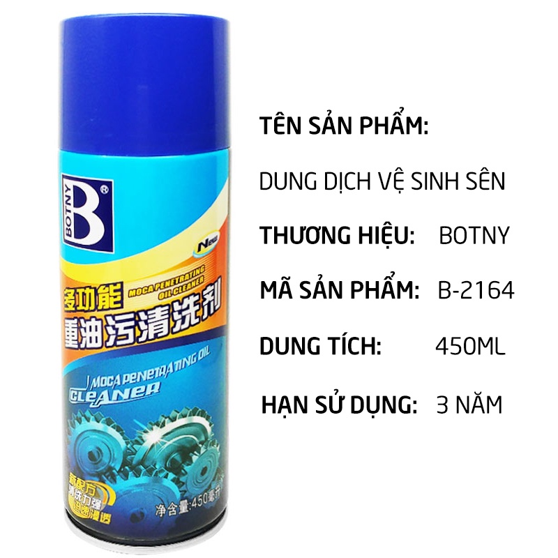 Chai dung dịch xịt tẩy rửa vệ sinh sên đa năng Botny B-2055 siêu sạch dung tích 450ml, khô nhanh, giúp cho bề mặt kim lo