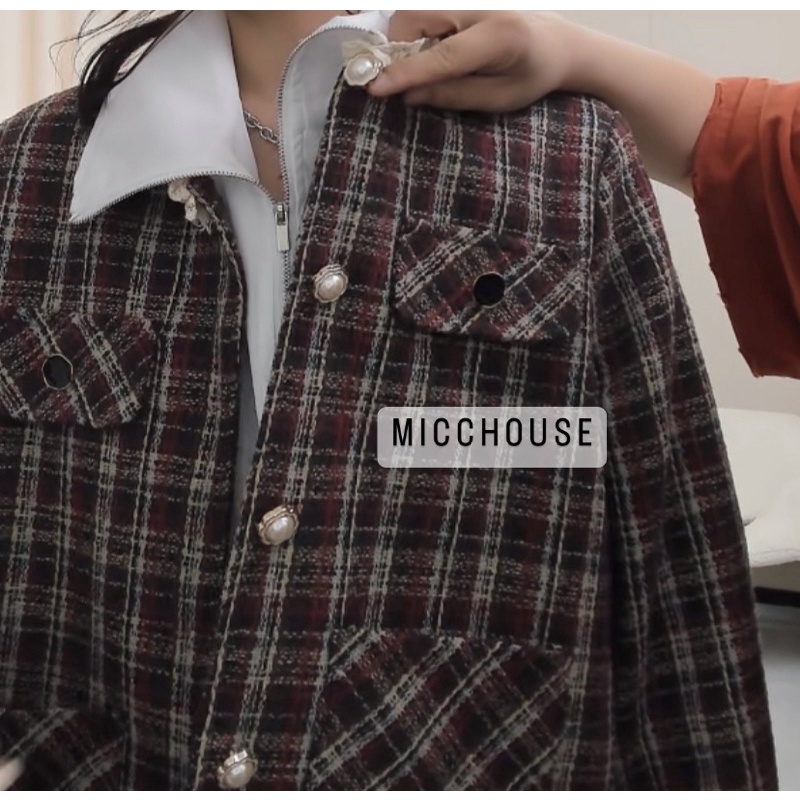 Ảnh thật 45678 | Áo khoác dạ kẻ tiểu thư phối viền ren