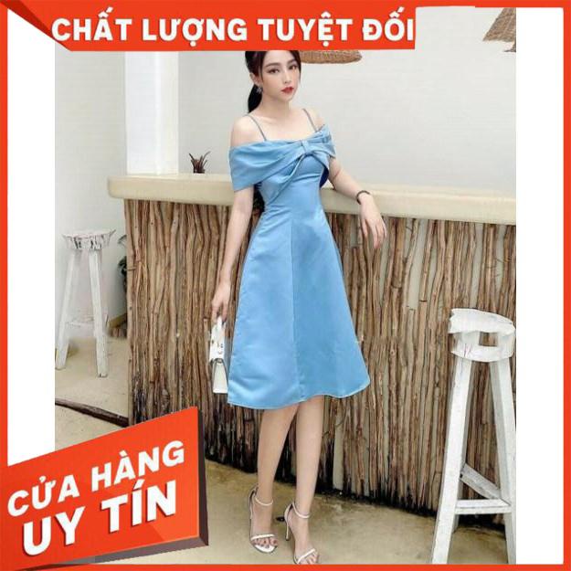 Đầm xoè 2 dây bẹt vai nơ phi lụa taffeta rất đẹp - size M/L ( có ảnh/video thật) MS179V