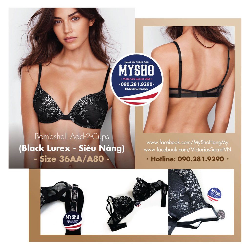 (Bill Mỹ 36AA, A80) - Áo đen lấp lánh, siêu nâng, gài trước, Bombshell Add-2-cups, Black Lurex - Victoria Secret USA | BigBuy360 - bigbuy360.vn