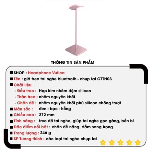 Giá để tai nghe chụp tai chống trượt alumium không phai màu GTN04 - Headphone stand  chiều cao vượt trội 272mm