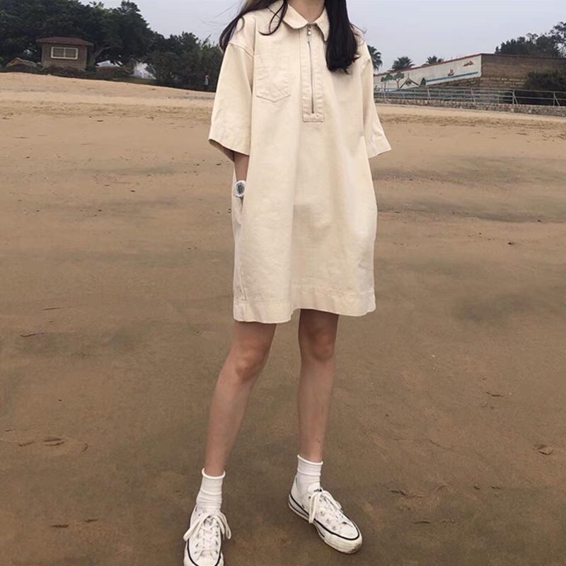 Váy kaki cổ polo dáng suông