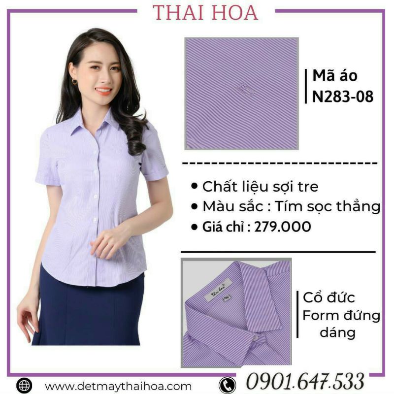 Thái Hoà Chính Hãng Áo sơ mi vải sợi tre kẻ sọc thẳng màu tím 283