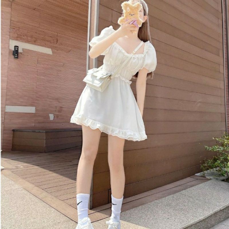 [Dress] Váy babydoll trắng ulzzang Hàn Quốc dáng xòe tay phồng lolita cổ áo vuông tim