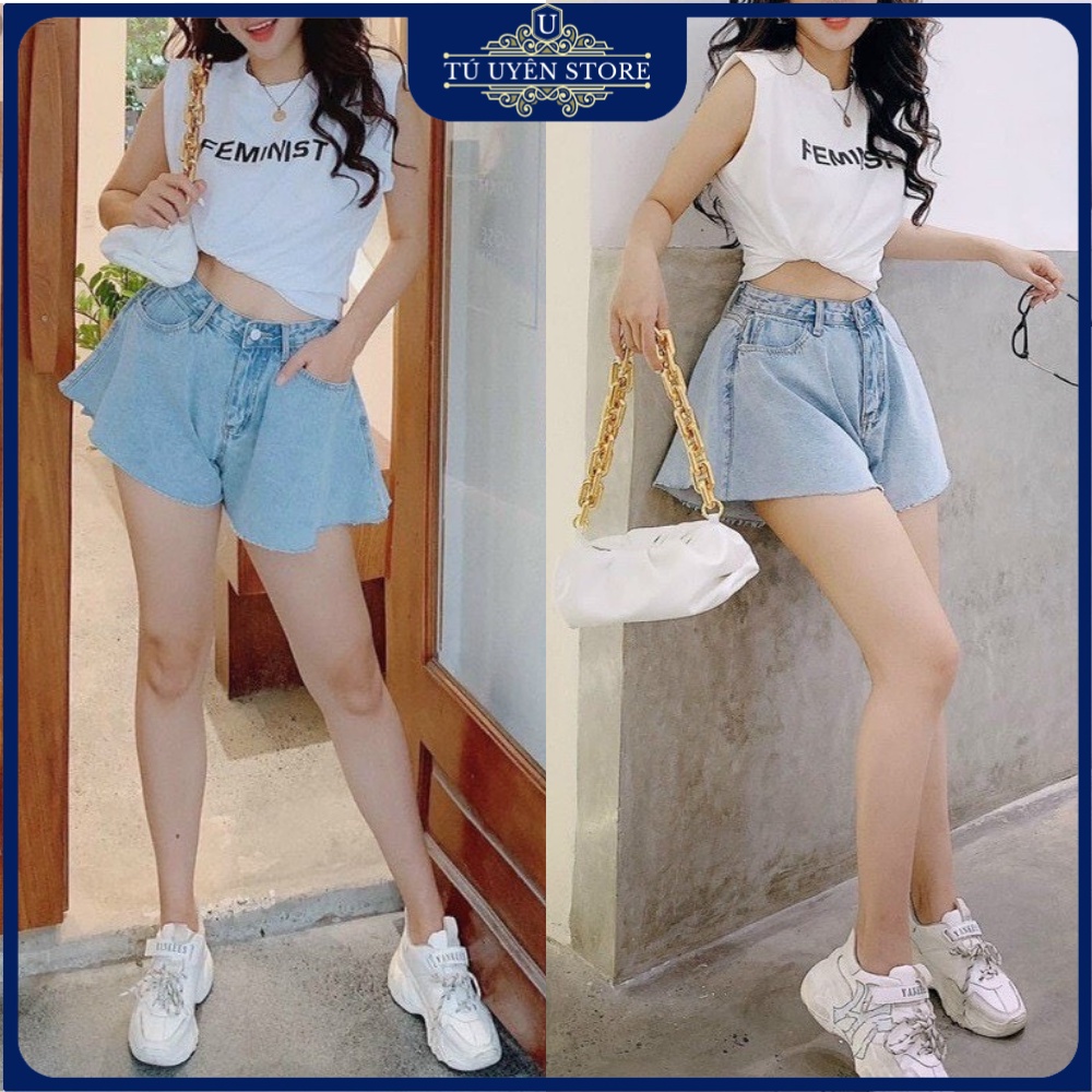 ☍✤Quần sooc bò jean nữ cạp cao ống rộng, short váy phong cách Hàn Quốc style 2022