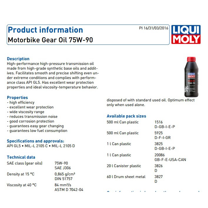 Nhớt hộp số xe mô tô Liqui Moly Motorbike Gear Oil 75W-140 GL5 VS 3072 500ml