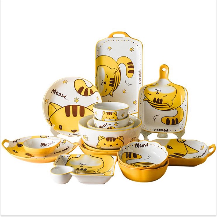 Bộ chén bát sứ, đĩa sứ, khay sứ cao cấp Mèo vàng Decor trang trí bàn ăn