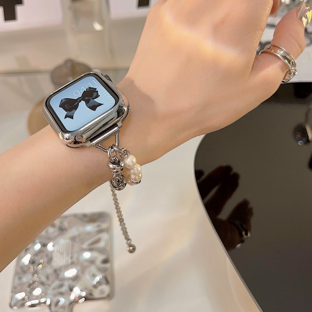 Dây Đeo Dạng Xích Kim Loại Đính Ngọc Trai Cho iwatch serise 8 ultra 7 6 5 4 SE 3 2 1 49mm 45mm 41mm 40mm 44mm 42mm 38mm