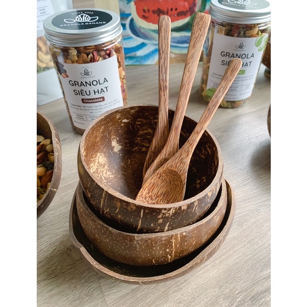 Bộ bát gáo dừa, muỗng gỗ ăn granola