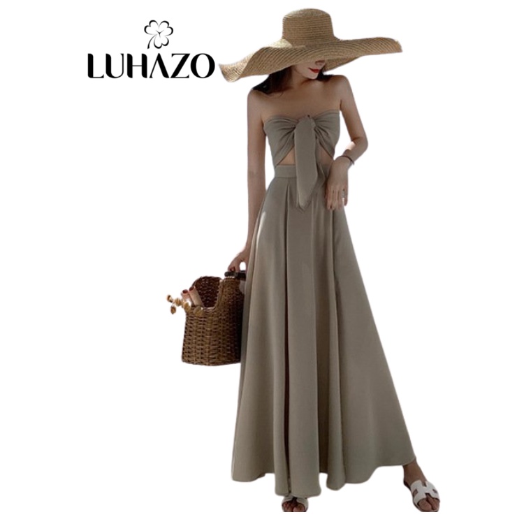 Váy đi biển nữ LUHAZO đi tiệc maxi sang chảnh kiểu Hàn Quốc crotop trễ vai buộc nơ ngực màu xám xinh xắn D4t4