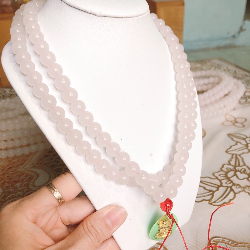Tràng Hạt Đá Trắng Ngọc Cao Cấp 10ly 108 Hạt Mặt Phật Bà Quan Âm